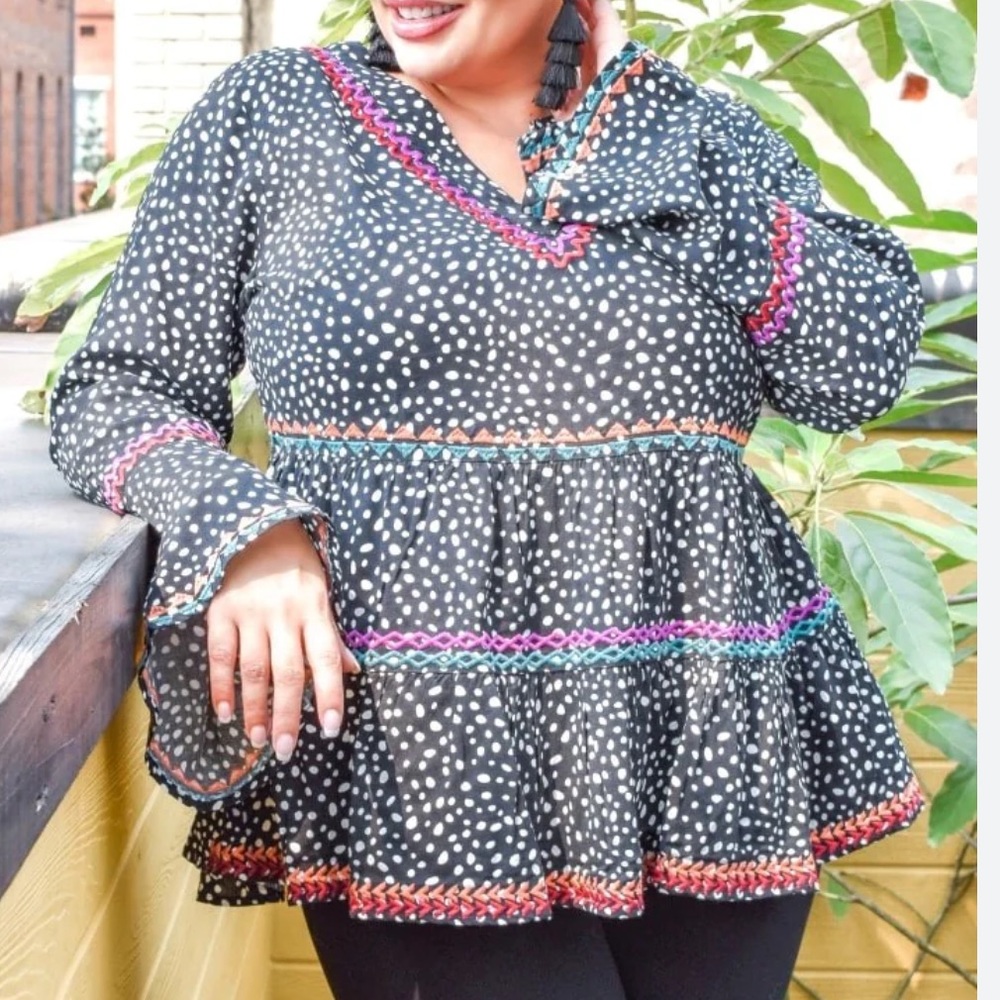 Perfectly Priscilla Black & White Polka Dot Multi-color Tiered Ric-Rac Top Sz 3X